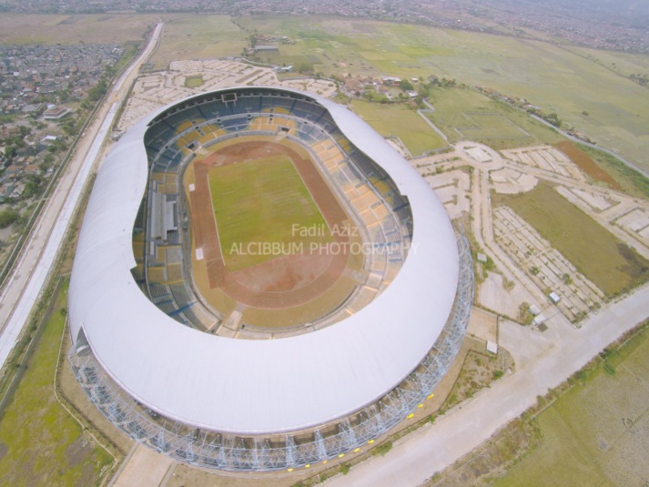 The modern design and newly built Bandung Lautan Api Stadium, shot from the air